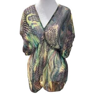 Sheer Peacock Print Chiffon Kaftan Blouse Boho Artistic Festival Ruched Top M/L